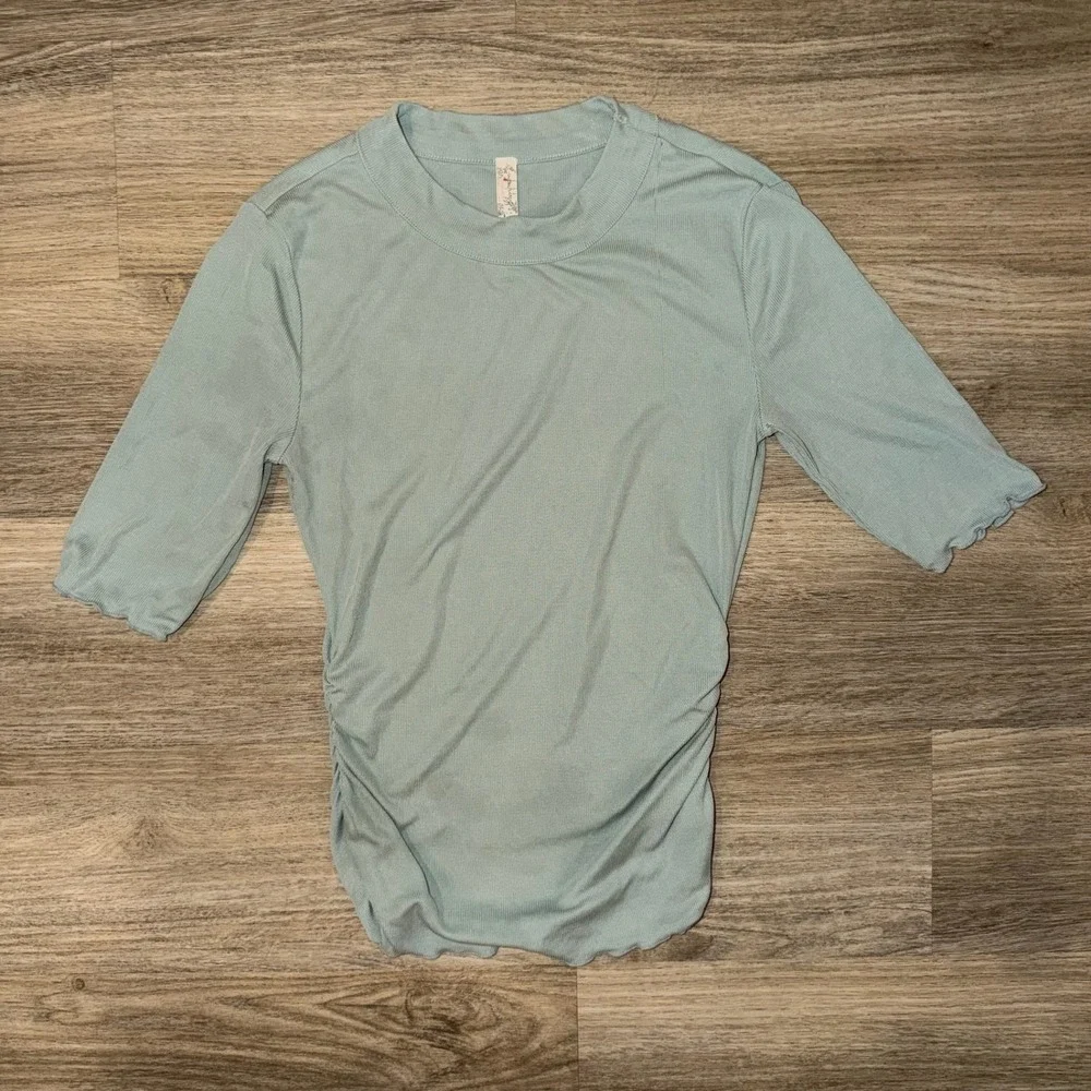 Intimately Free People Talk To Me Ruched Ribbed Top Teal Fitted‎ Shirt XS